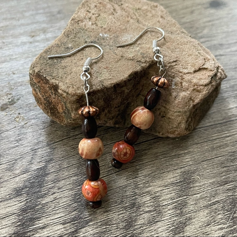 New Handmade Sterling Silver Petrified Wood Orange Brown Wooden Dangle Earrings - Picture 2 of 10